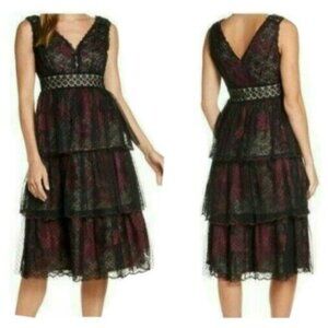 Taylor Black Label Tiered Lace Dress Sz 10 Black Burgundy 505